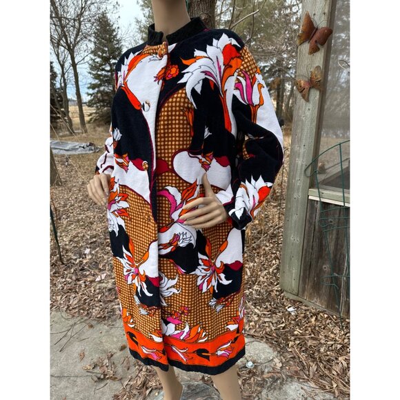 70s MÖVE (Moeve) Terrycloth Robe Coat Mandarin Collar Vibrant Mix Print Cotton - Picture 4 of 13